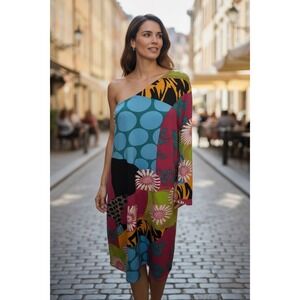 Tracy Negoshian One Shoulder Patchwork Midi Dress Bold Colorful Print XL